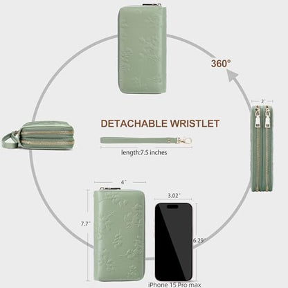 yiijay Womens Wallet RFID Blocking Large Capacity Vegan Leather Double Zip Wristlet Wallet Card Holder Travel Ladies Clutch - color: Light Green