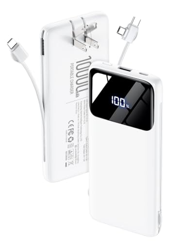 Portable Charger 10000mAh Power Bank with Built-in Cables and Wall Plug