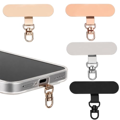 QfwdfcTrenz 4 Pack 360° Rotating Stainless Steel Phone Tether Tab, Cellphone Charm Wrist Strap Hook Holder, Stainless Steel Phone Clip for Straps, No-Adhesive Case Insert, 4 Colors