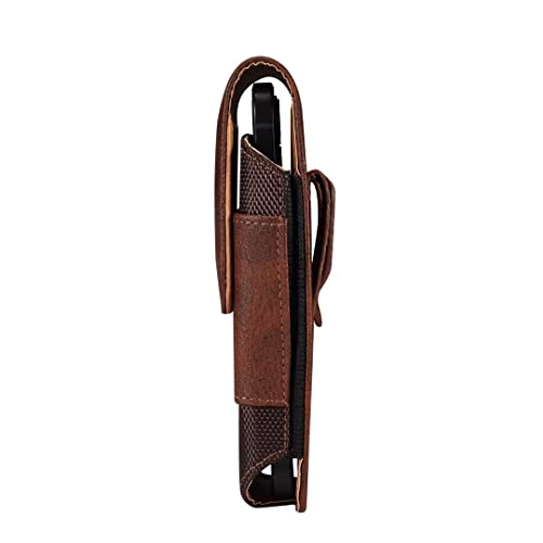 Cell Phone Belt Clip Bag Leather, Cell Phone Waist Holster for Men Small, Waterproof Vertical Cell Phone Wallet Purse Pack Outdoor Hiking Belt Loop Pouch with Locking Hook for Smartphones Under 5.2" - color: Brown