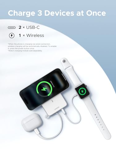 UGREEN MagFlow 10000mAh Qi2 25W Wireless Power Bank Built-in Cable - color: White