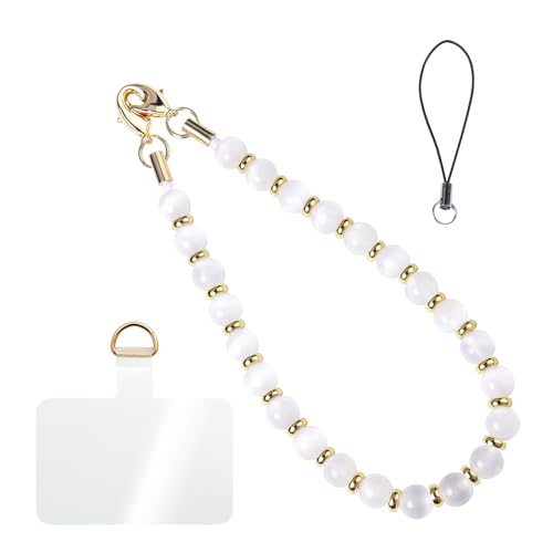 Handmade Beaded Charm Cell Phone Camera Lanyard, Wrist Strap with Natural Gemstone Beads,Phone Chain String, Keychain Decor for Wallet (White Cat’s Eye) - style: White Cat’s Eye