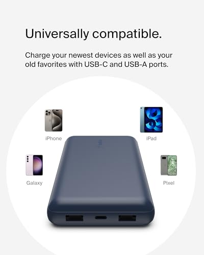 Belkin 20000mAh 15W 3 Port Power Bank, USB A to USB C Cable Included - color: Blue