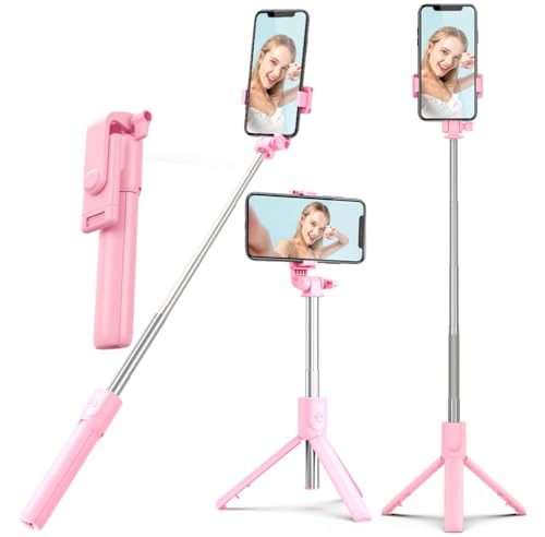 PINHEN Phone Tripod & Selfie Stick,3 in 1 Extendable 360° Rotation Tripod Stand with Detachable Wireless Remote Portable Smart Phone Holder Compatible with iPhone Android Sansung - color: Pink