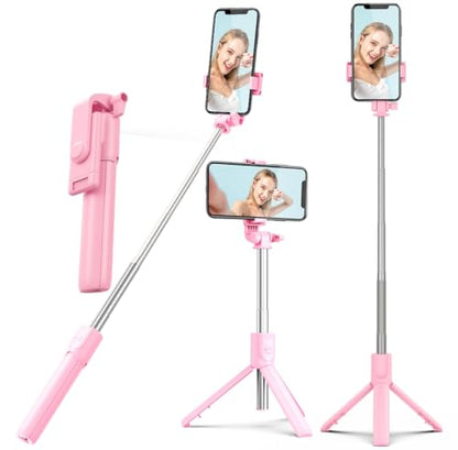 PINHEN Phone Tripod & Selfie Stick,3 in 1 Extendable 360° Rotation Tripod Stand with Detachable Wireless Remote Portable Smart Phone Holder Compatible with iPhone Android Sansung - color: Pink