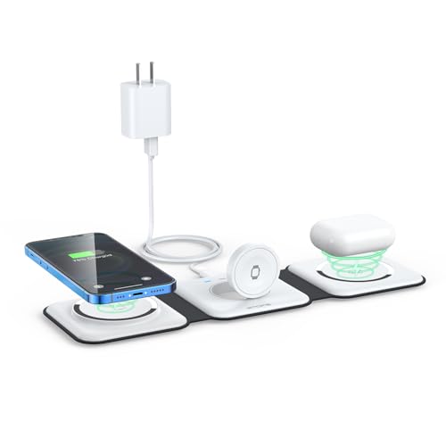 3 in 1 Wireless Charging Station for Apple,Foldable Magnetic Travel Charger - color: moon white