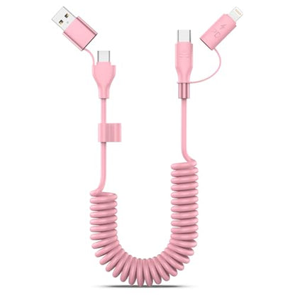 Pink Coiled Car Charging Cable 2-in-1 (USB-C & Lightning), 3FT Cute Car Accessories for iPhone 17/16/15, Samsung Galaxy — Supports Apple CarPlay & Android Auto - color: Pink