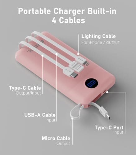 Portable Charger Built in 4 Cables, 10000mAh Power Bank, Pink - color: Pink