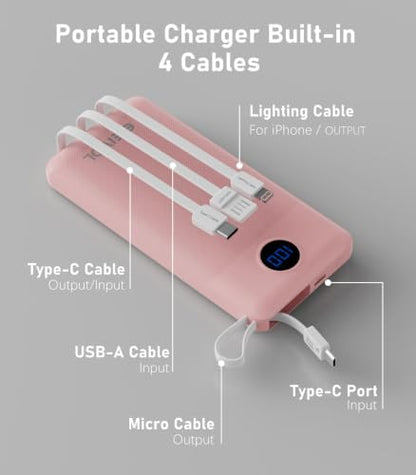 Portable Charger Built in 4 Cables, 10000mAh Power Bank, Pink - color: Pink