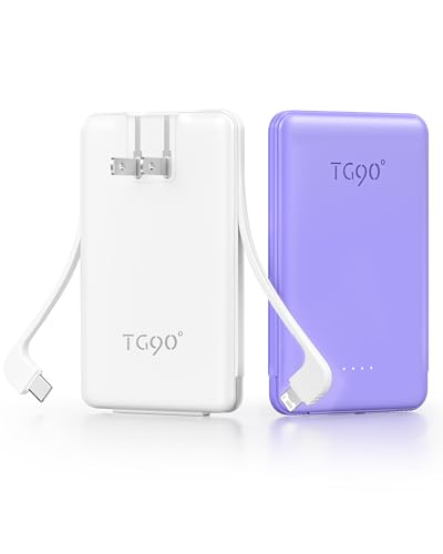 TG90° 5000mah Ultra Slim Power Bank Built-in AC Plug & 2 Cables,2 Pack White & Purple - color: 2Pack-White&Purple