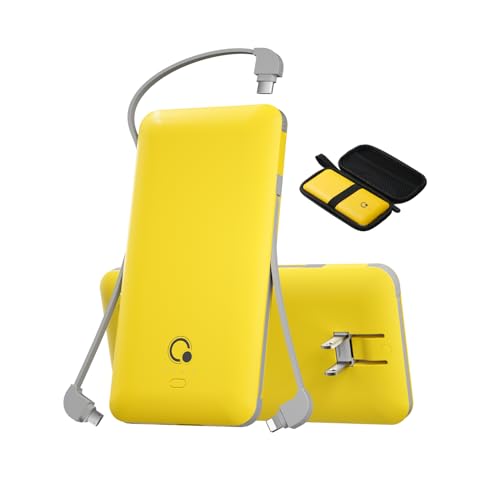 Portable Charger with Built-in Cables and AC Wall Plug, USB C External Battery Pack, 10000mAh Travel Essentials Power Bank Compatible with iPhone17/16/15/14/13, Samsung Galaxy, Pixel,Tablet and More - color: Yellow