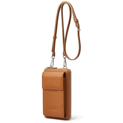 DORIS&JACKY Small Leather Crossbody Purse and Cell Phone Wallet for Women | RFID Blocking Shoulder Bag with Front Phone Pocket, Come with Long Detachable Strap and 12 Credit Card Slots - color: 3-brown