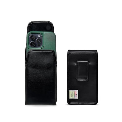 Turtleback Belt Holder for iPhone 16 Pro Max, 15 Pro Max, 14 Pro Max -Medium- Fits w/Shockproof Commuter Style Cases, Premium Black Leather Vertical Holster, Magnetic Close Leather Wrapped Clip - color: Vertical - Leather w/ Leather Clip, size: Medium
