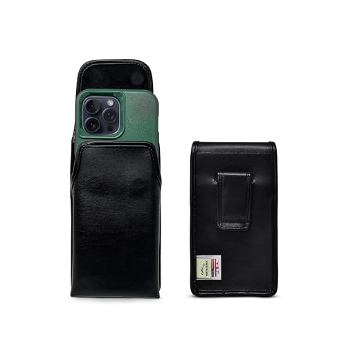 Turtleback Belt Holder for iPhone 16 Pro Max, 15 Pro Max, 14 Pro Max -Medium- Fits w/Shockproof Commuter Style Cases, Premium Black Leather Vertical Holster, Magnetic Close Leather Wrapped Clip - color: Vertical - Leather w/ Leather Clip, size: Medium