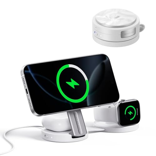 EF ECOFLOW Rapid Mag 3-in-1 Magnetic Wireless Charging Station, Qi2.2 25W Foldable MagSafe Charger Stand for iPhone 17/16/15, Apple Watch & AirPods, Travel-Ready, with 45W Adapter, White - color: White