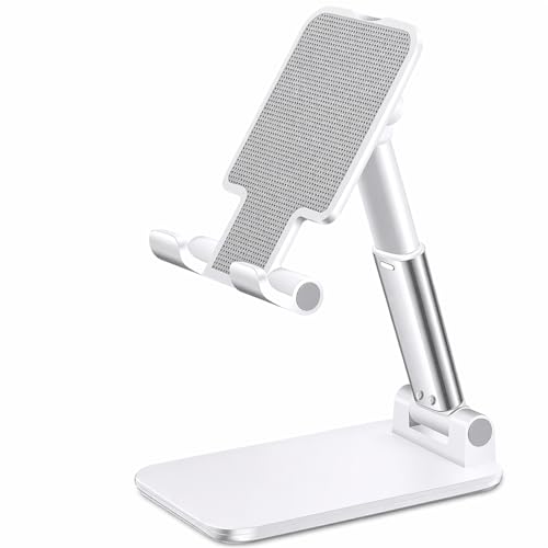 Foldable Desktop Phone Stand, Adjustable Cell Phone Holder for Desk, Non-Slip Silicone Base, Compatible with Tablets and Phones 4-13 Inch (White) - color: White