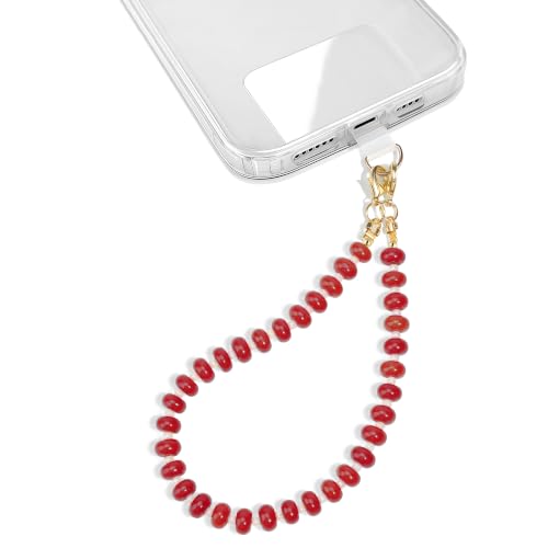 Natural Stone Beaded Phone Wrist Strap for Women, 304 Steel Core - color: Red