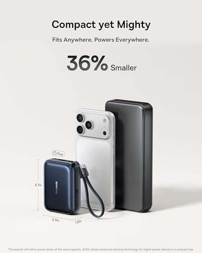 Baseus PicoGo AC22 Mini Power Bank, 20000mAh 45W PD Portable Charger Built-in USB-C Cable, Travel Essential Compact Battery Pack, Fast Charging for iPhone Duo/18/17/16/15 Samsung S26/S25 Pixel 11 iPad - color: Midnight Black