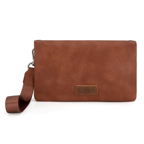 Wrangler Wristlet Wallets for women Crossbody Wallet Small Purse RFID Blocking Bifold Clutch Credit Card Holder Purse with Crossbody Strap - color: B-brown