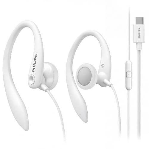 Philips USB-C Wired Earbuds with Microphone & in-Line Control, Over Ear Earhook, Compatible with iPhone 15 & 16, Samsung, Android Type-C Phones, Secure Fit Sports Running Headset - color: White, style: USB-C WITH MIC