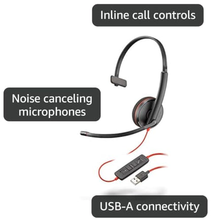 Plantronics - Blackwire 3210 - Wired, Single Ear (Monaural) Headset with Boom Mic - USB-A to connect to your PC and/or Mac - style: 2018 Version (USB-A Only)