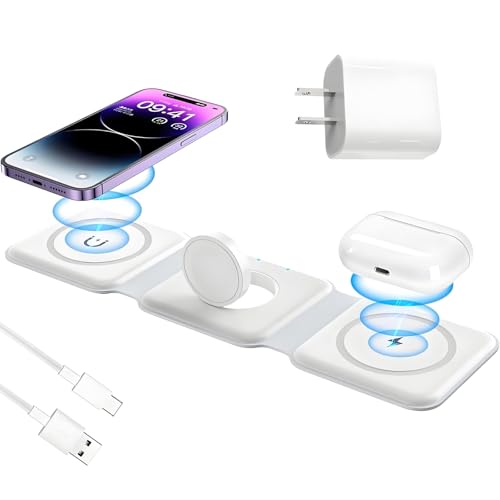 Apple Devices Charging Pad for iPhone 12 13 14 15 16 Pro Max, iWatch, Airpods - 3 in 1 Wireless, Magnetic Foldable Travel Charger Station for Multiple Apple Devices, Fast-Charging, Charger Included