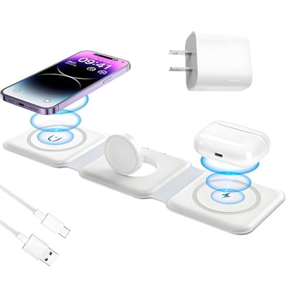 Apple Devices Charging Pad for iPhone 12 13 14 15 16 Pro Max, iWatch, Airpods - 3 in 1 Wireless, Magnetic Foldable Travel Charger Station for Multiple Apple Devices, Fast-Charging, Charger Included