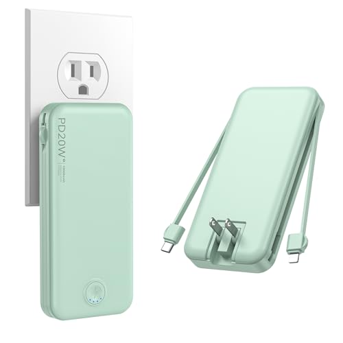 Nusyddy Portable Charger 10000mAh Fast Charging w/Built-in Wall Plug Green - color: Lime