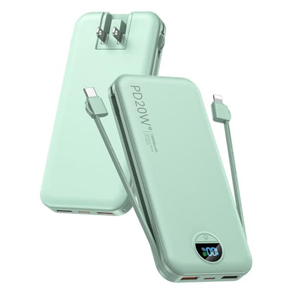 citicr Portable Charger 10000mAh PD20W w/Built-in Cables & Wall Plug Green - color: Green