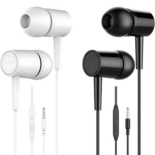 2-Pack Wired Earbuds with Mic and Volume Control, 3.5mm Jack in-Ear Headphones Stereo Sound, Noise-Isolating Earphones for Music, Calls, Gaming & Video Chat,Black & White