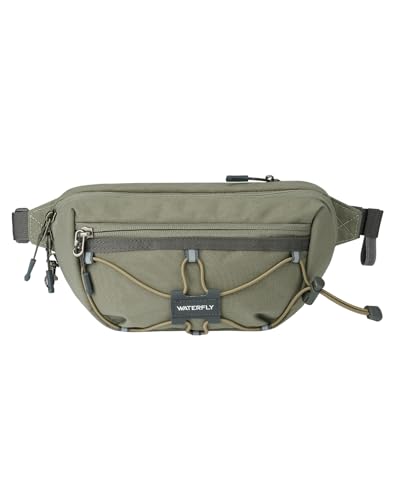 WATERFLY Small Fanny Pack RFID Blocking Travel Hiking Crossbody Waist Bag | Anti-theft design, Water resistant, Lockable zipper, Hidden rear pocket, Lightweight hip belt bag, EDC Running, Cycling, Gym - color: Gray-Green