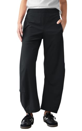 Womens Barrel Travel Pants Elastic Waist Baggy Ankle Pants with Pockets - color: Stretchy-black, size: X-Small