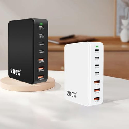 USB C Charger Station 200W PD QC3.0 GaN Fast Charging Block 7 Port (White) - color: white