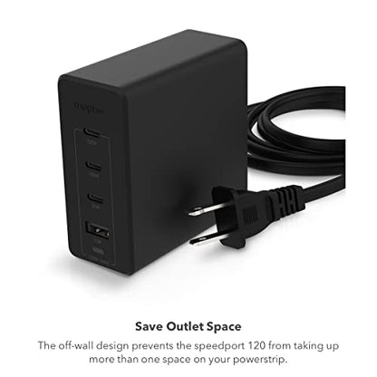 mophie Speedport 120W GaN Dual USB-C & USB-A Fast Wall Charger | Compact Foldable Prongs | 120 Watt - Black - color: Black, style: 120W
