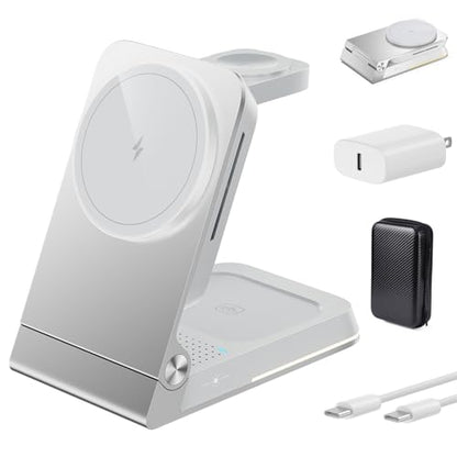 Foldable Wireless Charger 3 in 1 - Magnetic Wireless Charging Station for Apple Magsafe Charger Stand with Light,Aluminum Portable Travel Charger Dock for iPhone 17/16/15/14/13/12,Apple Watch,AirPods - color: Silver