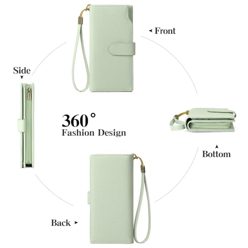 GAEKEAO Womens Wallets Large Capacity Leather Card Holder RFID Blocking Wristlet Clutch Long Travel Ladies Purse - color: Z03-Green