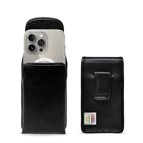 Turtleback Belt Holder for iPhone 16 Pro, 16e, 15 Pro 14 Pro 13 Pro -Small- Fits w/Slim MagSafe Style Cases, Premium Black Leather Vertical Belt Holster Magnetic Closure Leather Wrapped Belt Clip - color: Vertical - Leather w/ Leather Clip, size: Small