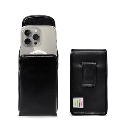 Turtleback Belt Holder for iPhone 16 Pro, 16e, 15 Pro 14 Pro 13 Pro -Small- Fits w/Slim MagSafe Style Cases, Premium Black Leather Vertical Belt Holster Magnetic Closure Leather Wrapped Belt Clip - color: Vertical - Leather w/ Leather Clip, size: Small