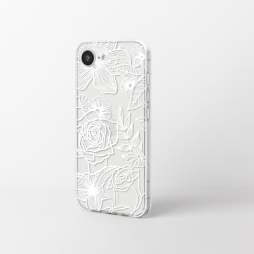 Dumkery Cute White Flowers Case for iPhone 16e, Line Art Rose iPhone 17e Cases, Aesthetic Pattern Soft Clear TPU Slim Shockproof Cover for Girls Women - size: iPhone 16e/17e