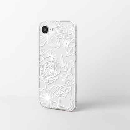 Dumkery Cute White Flowers Case for iPhone 16e, Line Art Rose iPhone 17e Cases, Aesthetic Pattern Soft Clear TPU Slim Shockproof Cover for Girls Women - size: iPhone 16e/17e