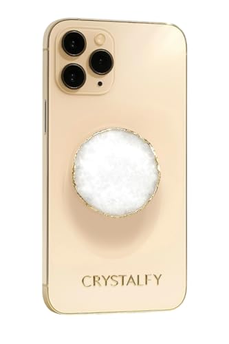 Grips by CRYSTALFY Crystal Phone Grip Holder & Expanding Kickstand-Natural Gemstone Swappable Top Accessory Compatible with iPhone, iPad, Kindle & Mobile Devices (Round White Quartz Druzy, Adhesive) - color: Round White Clear Quartz Druzy, style: Adhesive