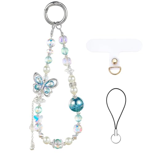 BEEFLYING Beaded Phone Charm Wrist Strap for Case - color: Blue Butterfly
