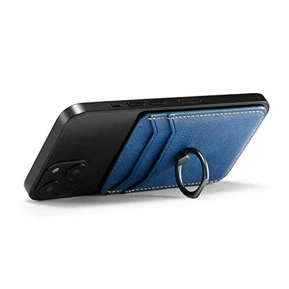 Card Holder Sleeve with Ring, RFID Credit Wallet Synthetic Leather Stick On Back Grip for iPhone Samsung Smartphone - Blue - color: Cow Blue