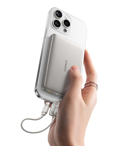 Baseus Picogo Qi2 15W Magsafe Portable Charger, 0.5" Ultra Slim 10000mAh Wireless Power Bank with 27W Built-in USB-C Cable, Magnetic Battery Pack for iPhone 17 Pro Max/17 Pro/Air/16/15/14/13/12 | 10000mAh Wireless Power Bank, 27W Fast Charging Magnetic Ba