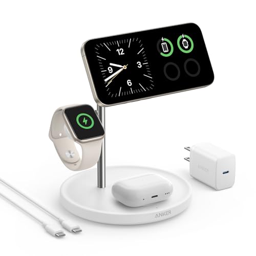 Anker MagSafe Charger Stand Compatible, iPhone 17 MagGo 3 in 1 Wireless Charging Station,Qi2 Certified 15W Wireless Charger, Desk Accessory, for iPhone 15/14/13/12 Series Apple Watch, AirPods - color: White