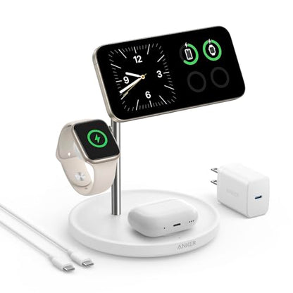 Anker MagSafe Charger Stand Compatible, iPhone 17 MagGo 3 in 1 Wireless Charging Station,Qi2 Certified 15W Wireless Charger, Desk Accessory, for iPhone 15/14/13/12 Series Apple Watch, AirPods - color: White