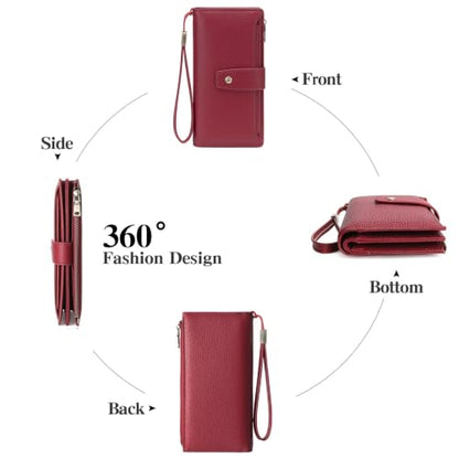 GAEKEAO Womens Wallet RFID Blocking Large Capacity Vegan Leather Card Holder Wristlet Clutch with 32 Card Slots 4 ID Windows - color: X03-Wine Red