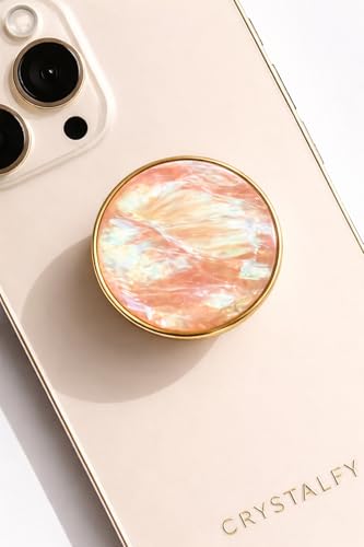 Grips by CRYSTALFY Caribbean Sunset Authentic Natural Abalone Seashell Crystal Phone Grip Holder, Expanding Kickstand, Natural Gemstone Swappable Top Accessory for iPhone, iPad, Kindle, Mobile Devices - color: Peach