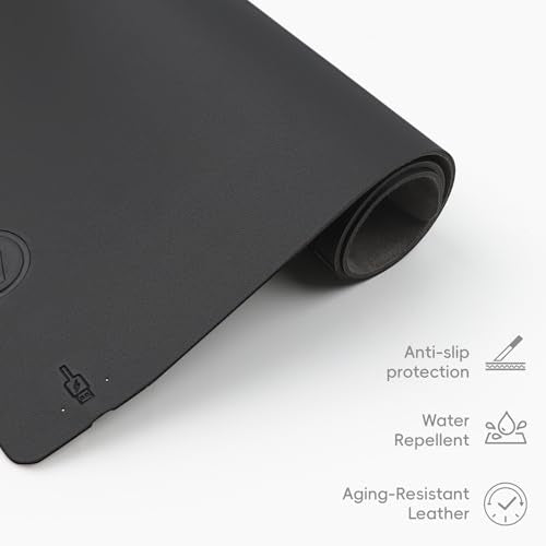 Mouse Pad with Wireless Charging, PU Leather Fast Charging Gaming Mouse Pad, Waterproof Anti-Slip Surface, Easy Clean Office Table Mat, 32L x 16W x 0.15H inches, Black(Right Side Charging Port)