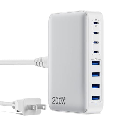 USB C Charger 200W USB C Charger Block,Upgraded GaN III 8-Port Fast Charging Station Hub,PD 65W Laptop Charging Adapter Compatible with MacBook Pro/Air,DELL,Steam Deck,iPhone 16/15/14,Galaxy S23/22 - color: A-White, size: 200W